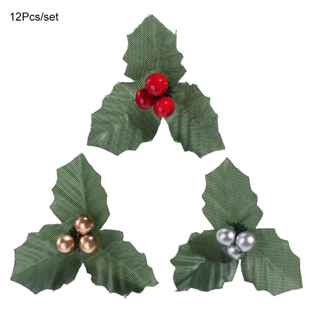 12Pcs/set Handmade Artificial Christmas Leaves Cute DIY Christmas Holly Wreaths Foam Mini Bonsai Plant Accessories Home Decor