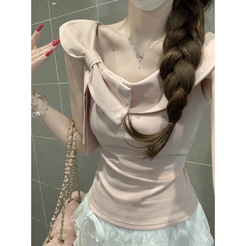 Korean Style Women's Ruffle Off-Shoulder Bow Cotton Top