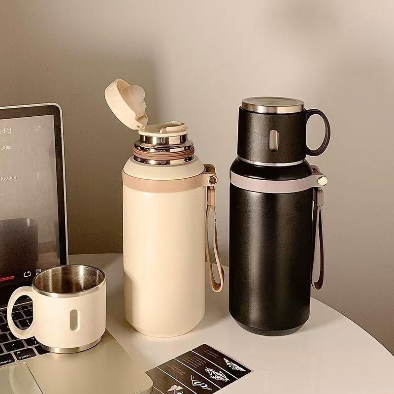 600ML Stainless Steel Insulated Bottle with Cup Lid Rope Handle Office Home Portable Thermos Cup Outdoor Kettle Coffee Cup