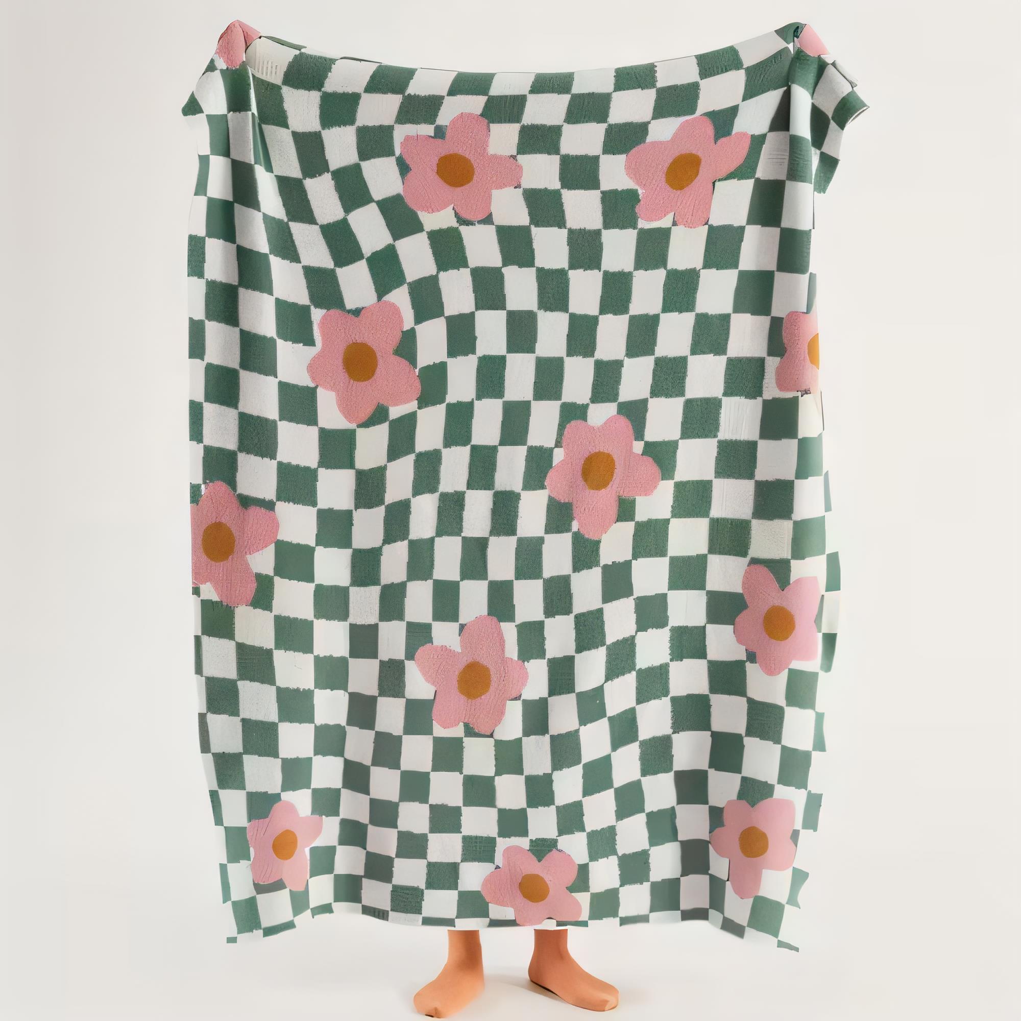 

Manta a cuadros verde y blanca con estampado floral y flores rosas, perfecta para sofá o cama, ligera y alegre 75x90cm