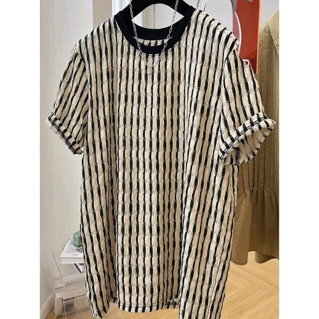 Texture Design Casual Short-Sleeved T-Shirt Men'S And Women'S Lazy Style Loose Temperament Top Trendy Striped T-Shirt