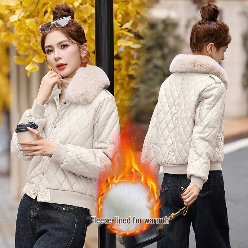 Winter Women's Korean Fashion PU Leather Coat with Fleece Lining and Fur Collar - Style WA8211