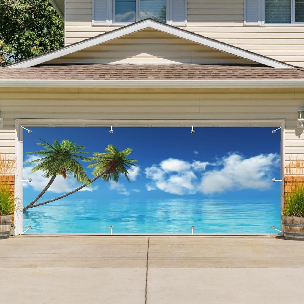 CSFOTO 7x16ft Hello Summer Garage Door Decorative Banner Blue Sky Beach Tropical Palm Tree Garage Decorative Mural Wallpaper Aloha Luau Theme Summer