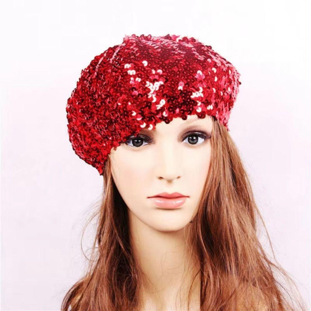 Solid Color Glitter Beanie Cap Retro Women's Sequin Beret Shiny Painter Hat  Music Festivals