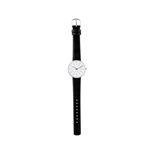 ARNE JACOBSEN BANKERS 53101-1601 Watch, 34mm, Scandinavian Design, Water Resistant (Quiet Design with No Second Hand), White with Black Leather Strap