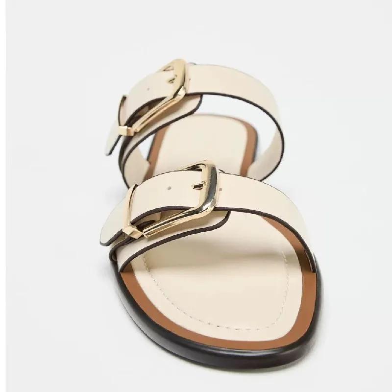 Fashion Comfortable Beige Soft Leather Flat Sandals Women Fashion Metal Buckle Designer Shoes Summer Sexy Open Toe Non Slip Beach Shoes