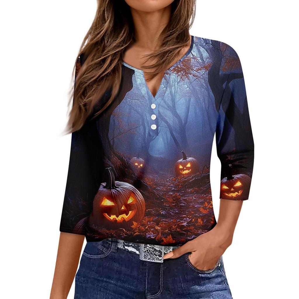 Damen Lässige Mode V-Ausschnitt Locker Vielseitig Halloween-Print Dreiviertelarm Oberteil
