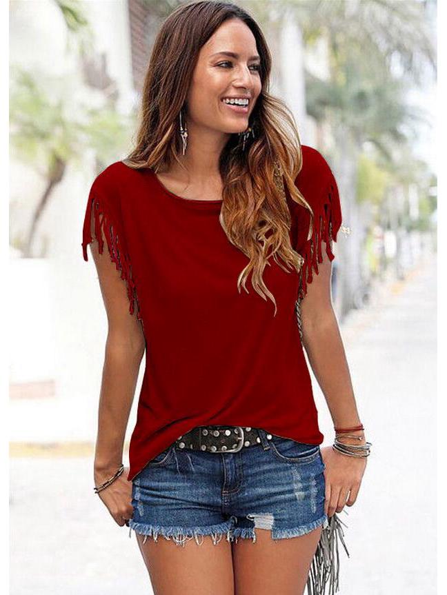 Women's Plus Size Multicolor Round Neck Short-Sleeve Tassel Knotted T-Shirt
