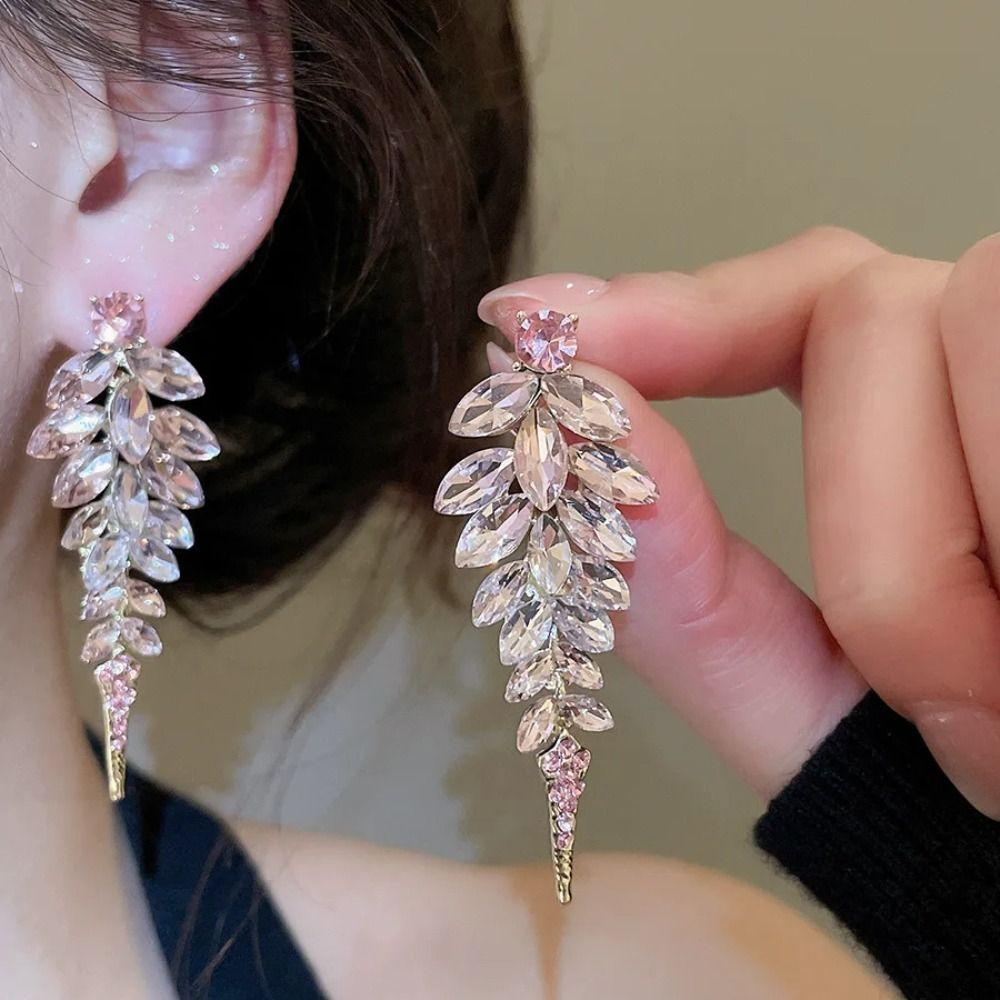 Silver Needle Tassel Earrings Full Drill Crystal Earrings Exaggerated Dangle Earrings  Dinner Party