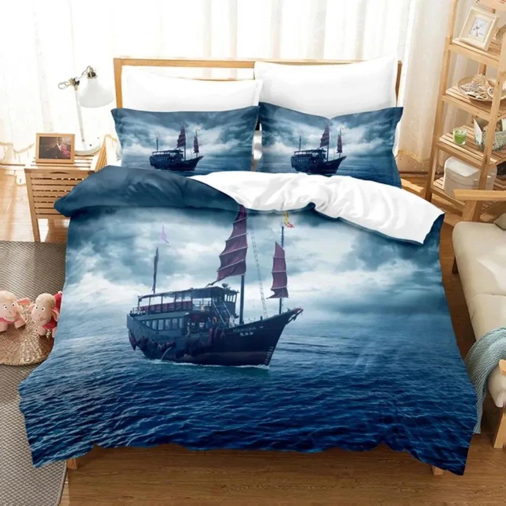 SailBoat Sea Bedding Set Ocean Sunset Scenery Duvet Cover Pillowcases Twin Full Queen King Size for Boys Adult Gift Bed Linen