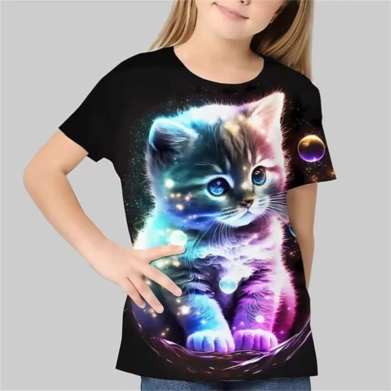 Kinderkleidung Mädchen 3D-Druck Niedliche Katze Lässig Kurzarm Grafik T-Shirts Niedliches und Lustiges Sommer Outdoor T-Shirt für Mädchen