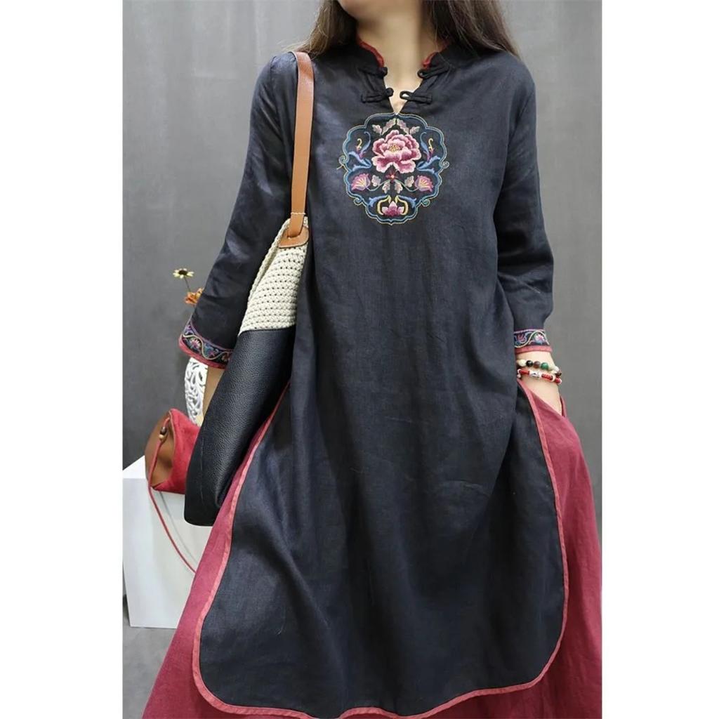Women's Chinese Style Floral Embroidered Linen Midi Dress Mandarin Collar 3/4 Sleeve Loose Casual Ethnic Dress