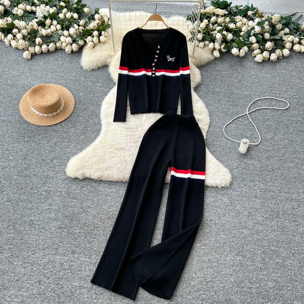 Autumn Winter Women Striped Knitted Sweater Vintage Two Piece Trouser Set V-neck Pullover Tops and Wide Leg Pant Suit