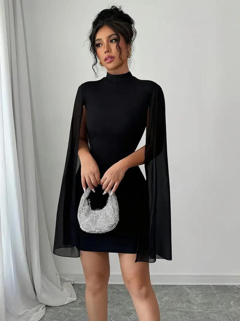 European & American Women's Fashion Round Neck Ribbed Chiffon Cape Bodycon Dress