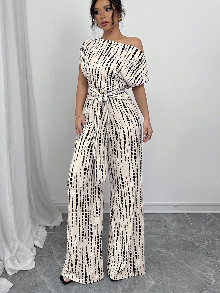 Striped Jumpsuit Summer Slanted Shoulder Tie-Up Wide Leg Pants