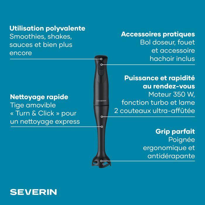 Mixeur plongeant 3-en1 - SEVERIN - SM3762 - 350 W - Pied amovible - Gobelet doseur 700 ml + Mini Hachoir + Fouet - Noir