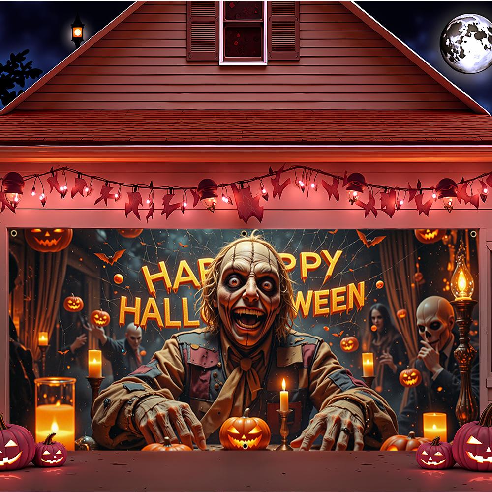 2D Halloween Zombie Garage Banner, Polyester, Happy Halloween Candle Design, Suitable for Halloween Parties