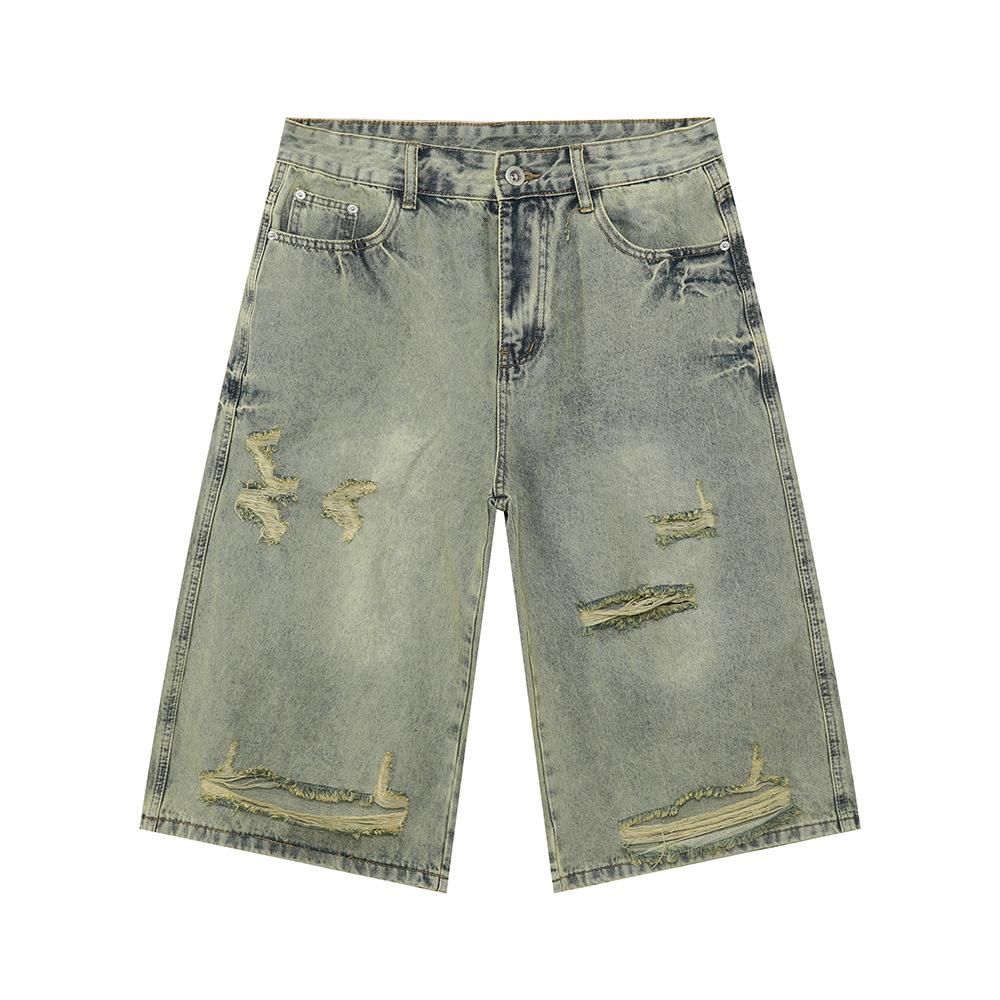 | New High Street Trend Light-colored Old Irregular Ripped Wide-leg Denim Cropped Pants