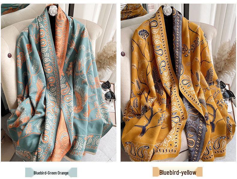 Liu Yifei-Inspired Retro Bluebird Cashmere Scarf - Thick, Warm, Ethnic Style Women's Winter Neck Warmer