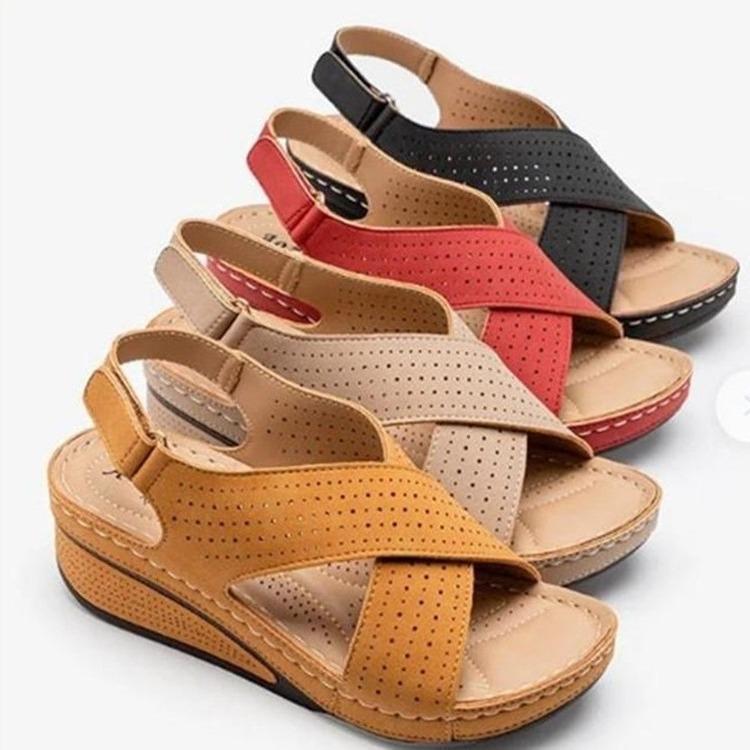 Sandals women's summer 2025 new European and American wedge heel sewing line breathable Velcro hollow mother shoes foreign trade women's shoes
