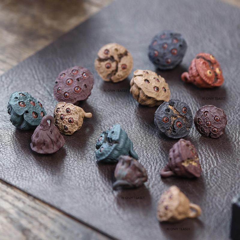 Yixing Handmade Sculpture Purple Clay Tea Pet Lotus Seed Model Figurine Ornaments Desktop Art Tea Ceremony Decors Accessories