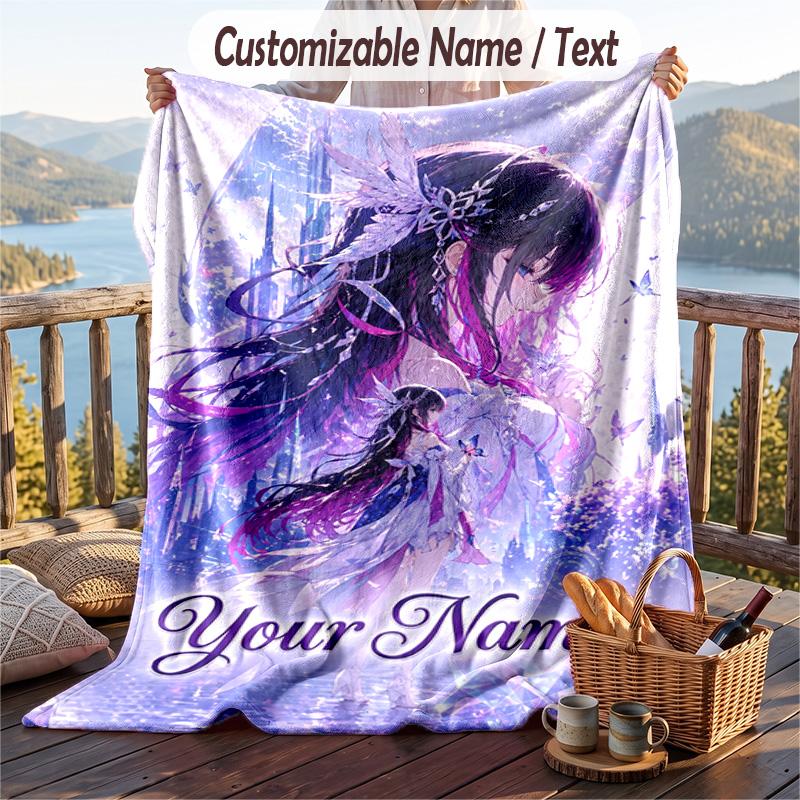 Custom Text Flannel Throw Blanket, Lightweight Cozy Bed Sofa BlanketGenshin Impact