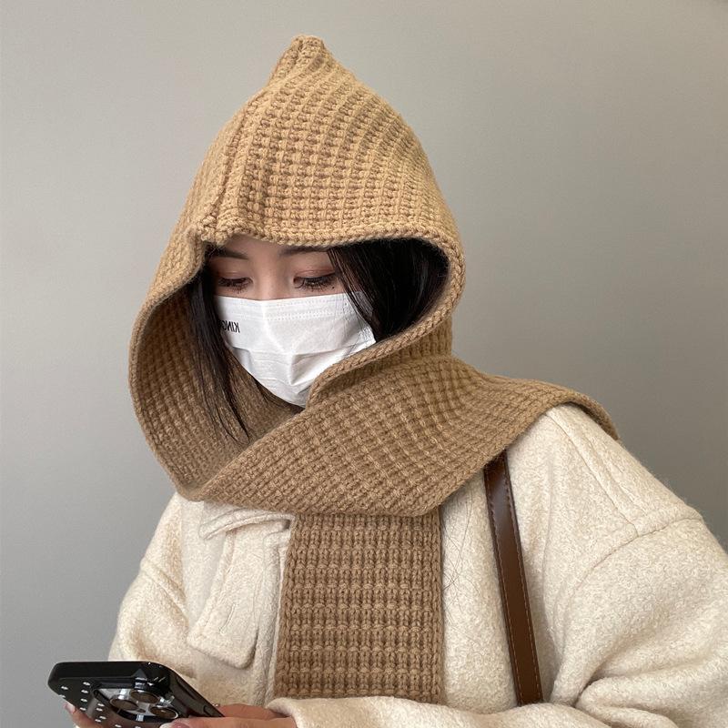 Autumn and winter dual-purpose hooded shawl hat scarf integrated women's two-piece set solid color warm scarf wool knitted hat