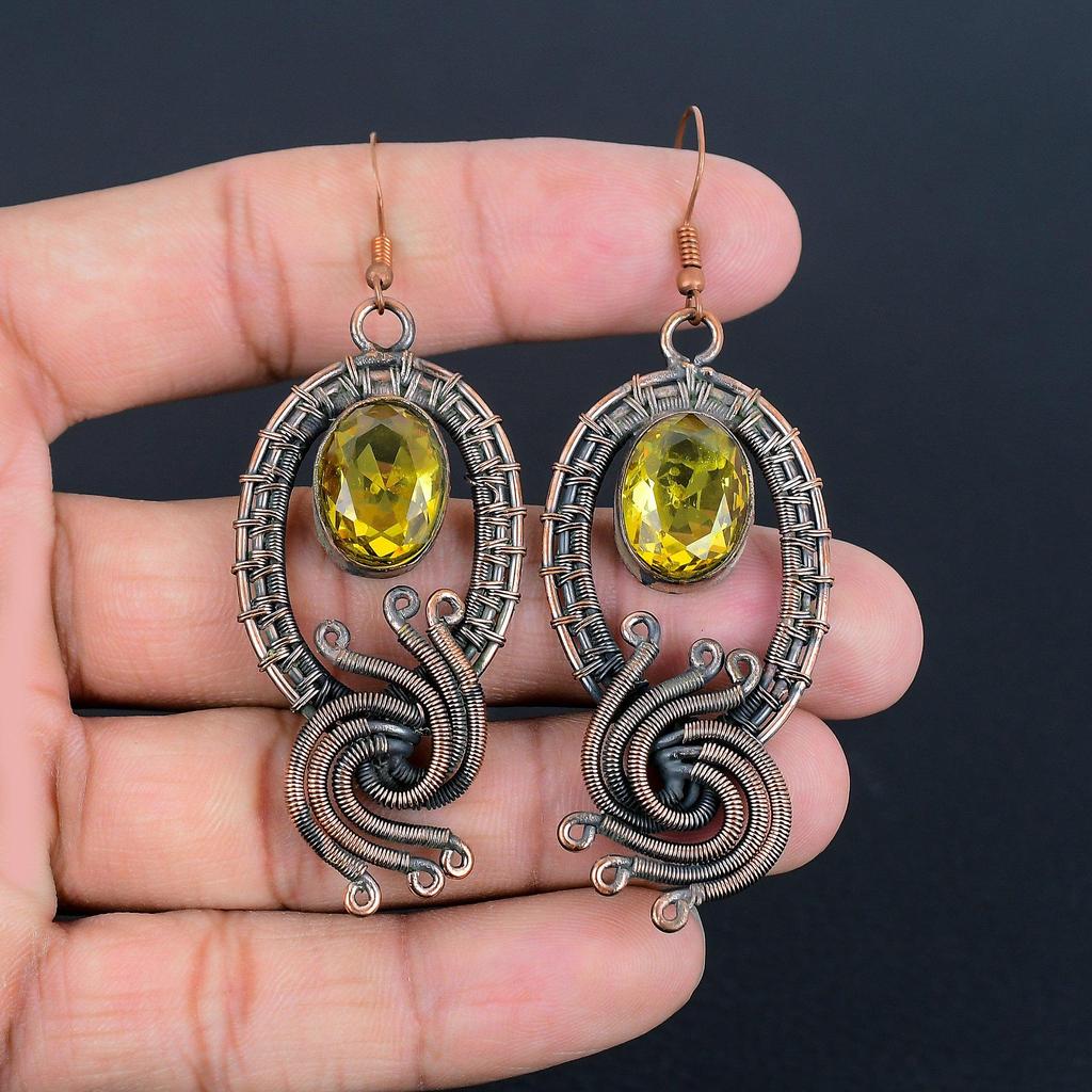 Citrine Earrings, 999 Copper Wire Wrapped Gemstone Jewelry, Handmade Earrings, For Thanksgiving