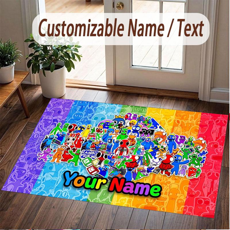 Custom Name Text Crystal Velvet Rug,Rainbow Friends Soft Plush Decorative Non Slip Floor Carpet