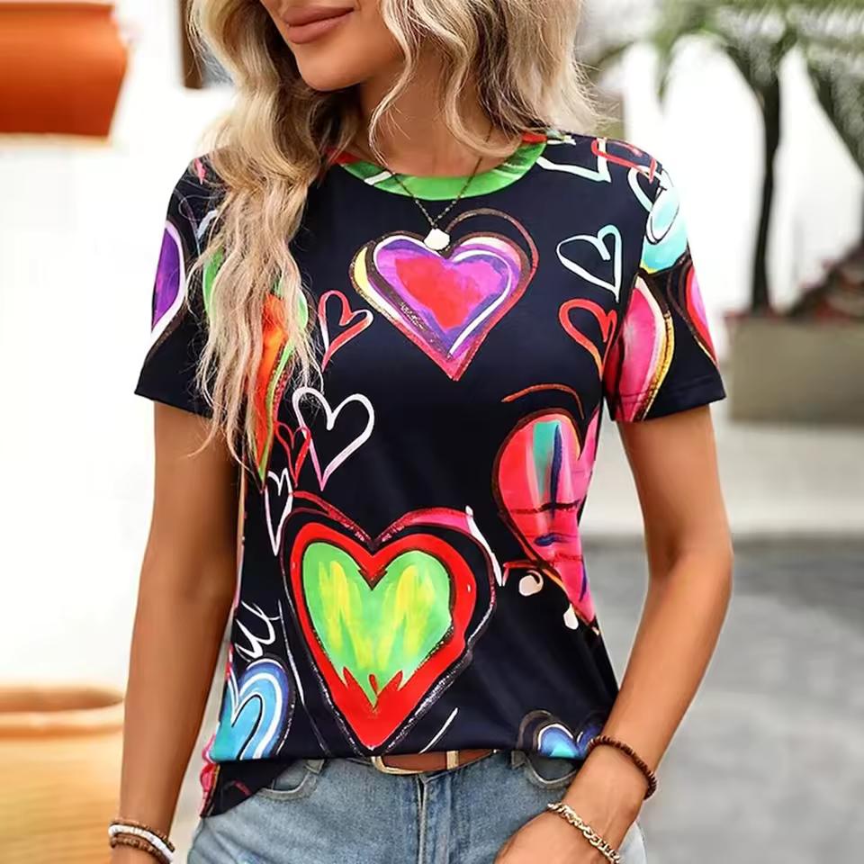 Fashion Loose Crew Neck Printed Short Sleeve Casual Top Versatile T-Shirts Women’s