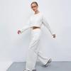 Womens Casual 2-Piece Set Long Sleeve Round Neck T-Shirt Elastic Wide Leg Pants Pure Color Streetwear