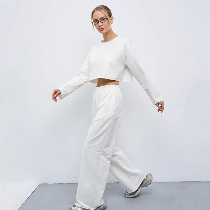 Womens Casual 2-Piece Set Long Sleeve Round Neck T-Shirt Elastic Wide Leg Pants Pure Color Streetwear
