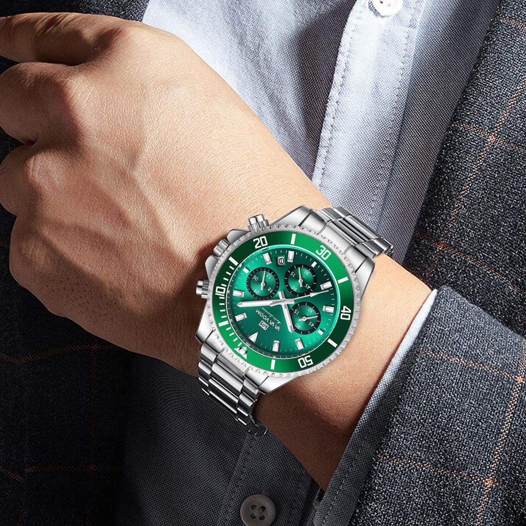 VA VA VOOM Multi-function Chronograph Three-eye Quartz Watch Waterproof Luminous Green Water Ghost Men's Watch