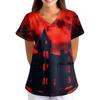Women's Halloween Print Loose Fit V-Neck Short Sleeve Uniform Top with Pockets
