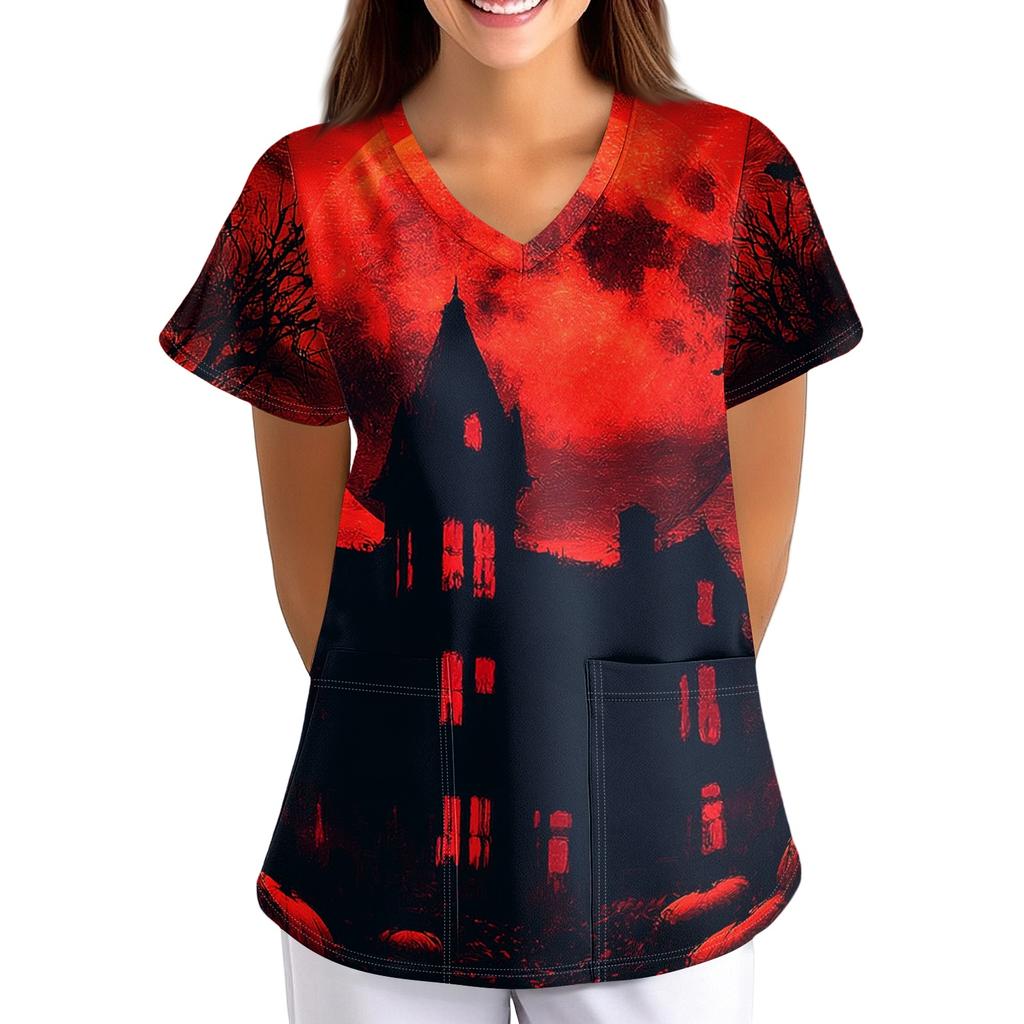 Women's Halloween Print Loose Fit V-Neck Short Sleeve Uniform Top with Pockets
