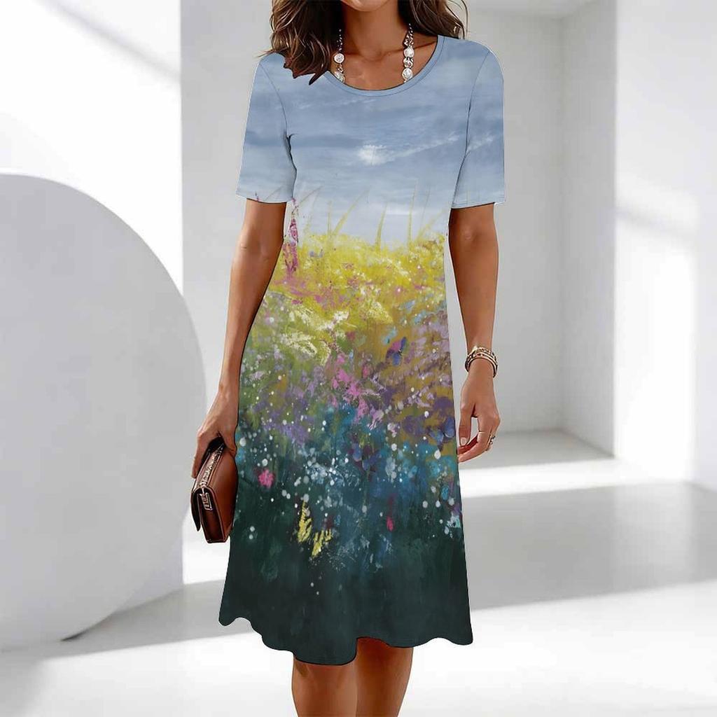 Women's Fashion Graceful Beautiful Flowers and Grass Print Summer Spring Short Sleeve O-Neck Casual Dresses