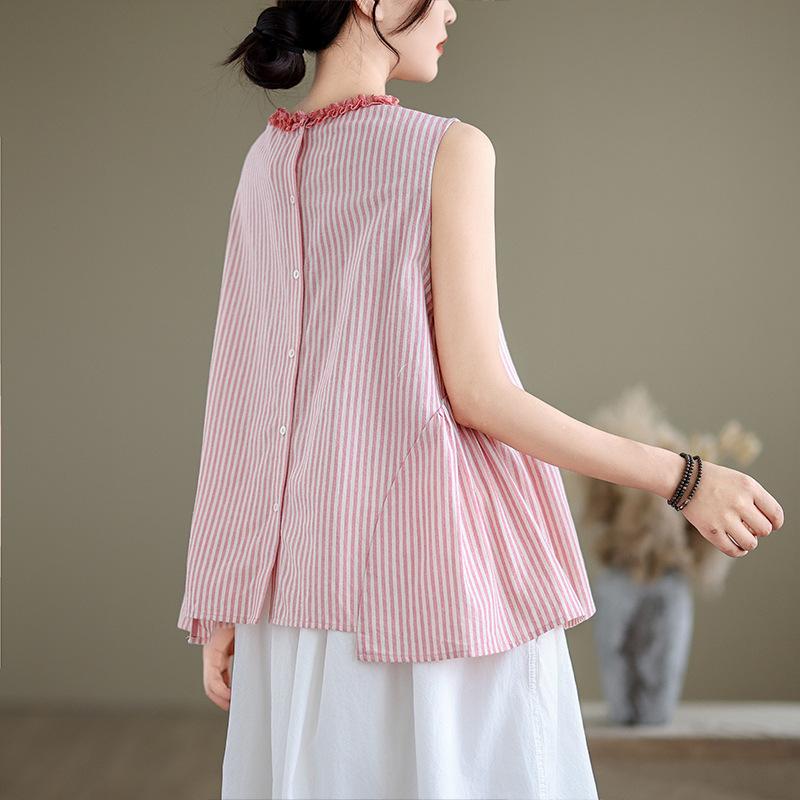 Summer Art Retro Loose Striped Sleeveless Shirt Top for Women Blouses & Shirts