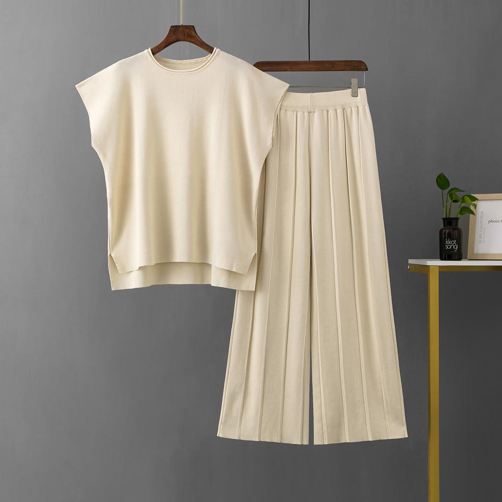 GMXIA Casual Women's Summer Solid-color Sleeveless Vest, Knitted Sweater, Wide-leg Pants, Large-sized Ice Silk Suit