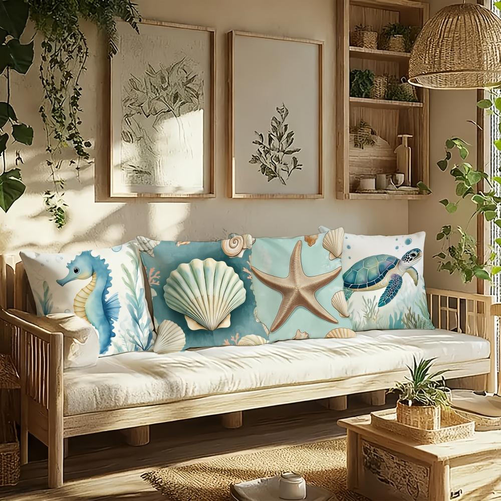 1/4pcs Coastal Throw Pillow Covers Watercolor Ocean Sea Turtle Seahorse Starfish Shell Decorative Pillowcases
