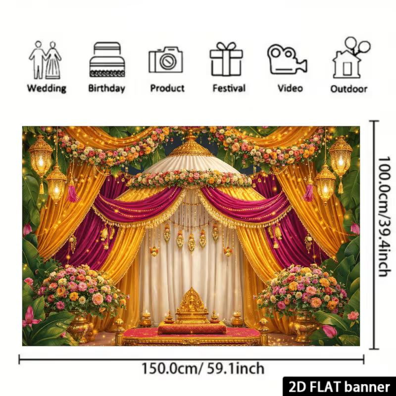 2D Elegant Indian Mandap Backdrop, Pink & Gold Drape Wedding Ceremony Banner