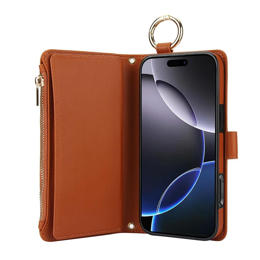 Etui Portfel Skórzany z Miejscami na Karty i Zamkiem Błyskawicznym Etui Klapka na Telefon dla IPhone 17 16 15 14 13 12 11 Pro Max Plus Promax 16e Pierścień Smycz Portmonetka
