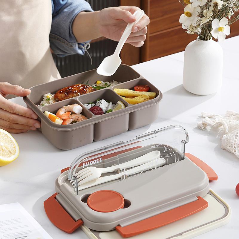 1300ml Plastic Lunch Box 4 Grid Sauce Dish Microwave Safe Bento Box with Spoon Fork Knife Portable Student Office Food Container