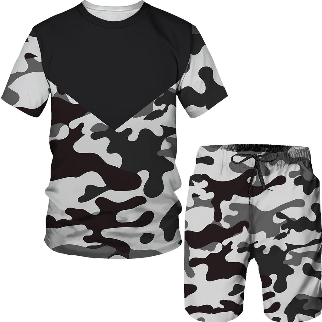 Set cu imprimeu camuflaj de vară Costum Hip Hop Harajuku Sport 2 piese Îmbrăcăminte sport supradimensionată Tricou Pantaloni scurți de plajă Ținute Haine pentru bărbați