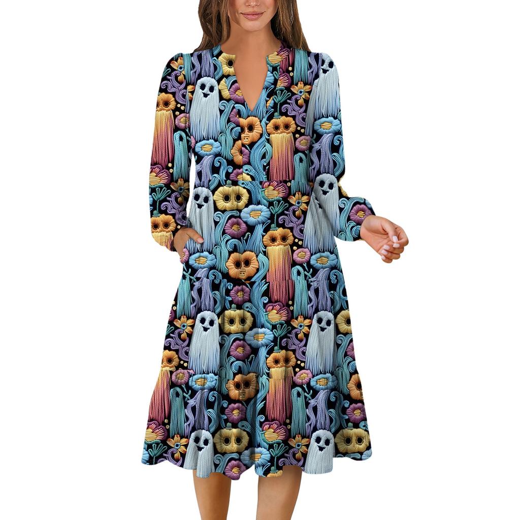 Women's V-Neck Flowing Layered Bohemian Long Sleeve Halloween Print Dress
