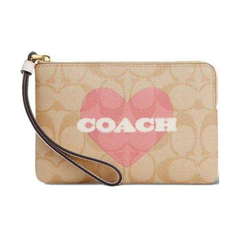 

COACH Corner Zip 16 Classic Presbyopia Heart Logo Zipper Closure Artificial Leather Wrist Bag Clutch Small Women s Light Khaki and Chalk White білий