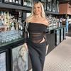 European and American Royal Sister Style Sexy off-Shoulder Mesh Hollow out Long sleeve dress Women Slim fit Hollow out Temperament Black Long dress