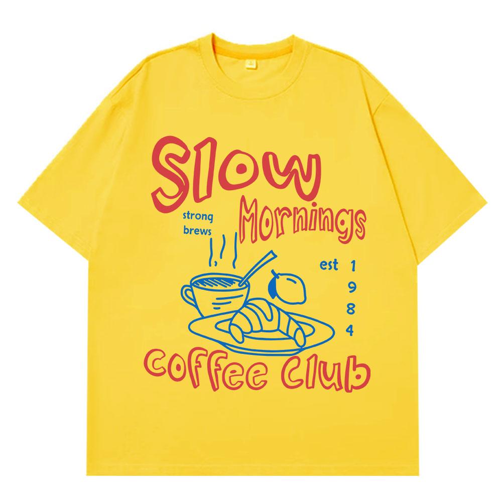 Slow Mornings Graphic TShirts Trendy Coffee Club TShirt Retro Coffee And Croissant T Shirt Breakfast Club Cotton Casual Tees