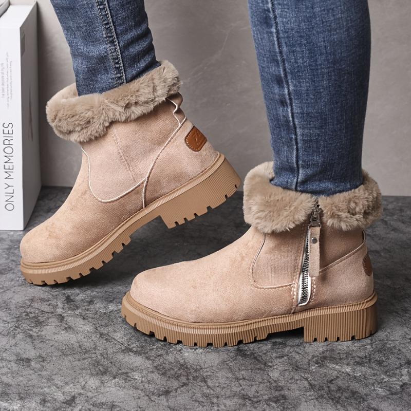 Women's Round-Toe Short Boots Plush Faux Thick Rubber Sole Chunky Heel Zipper Winter Casual Dressy Brown Booties for Jeans