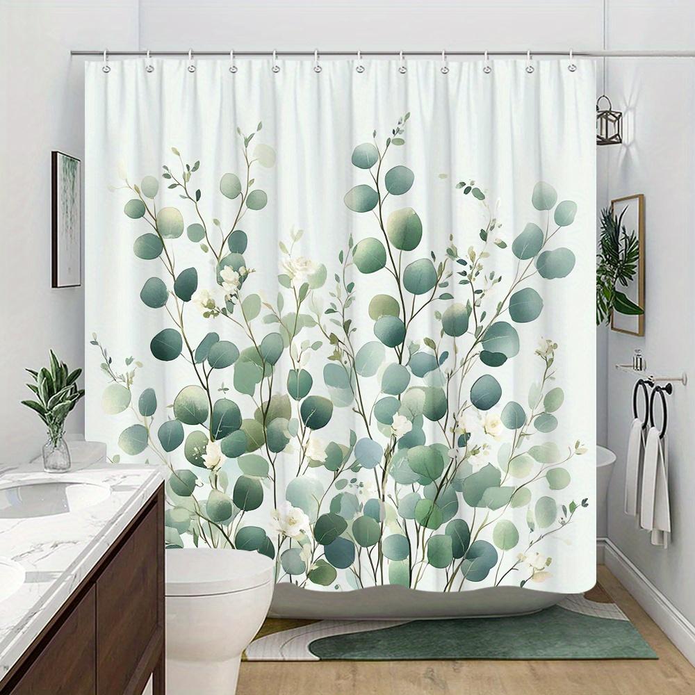 1 Elegant Eucalyptus and Rose Shower Curtain - Soft Green Leaves and White Flowers, Polyester Fabric with Hooks Machine Washable