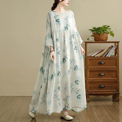 DIMANAF 2025 Women Plus Size Spring Long Dress Loose Basic Printing Vintage Casual Floral Oversize Long Sleeve Maxi
